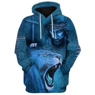 Roaring Blue Lion And Jesus - Faith Over Fear Hoodie - 3D Printed Hoodie - Christmas Gift